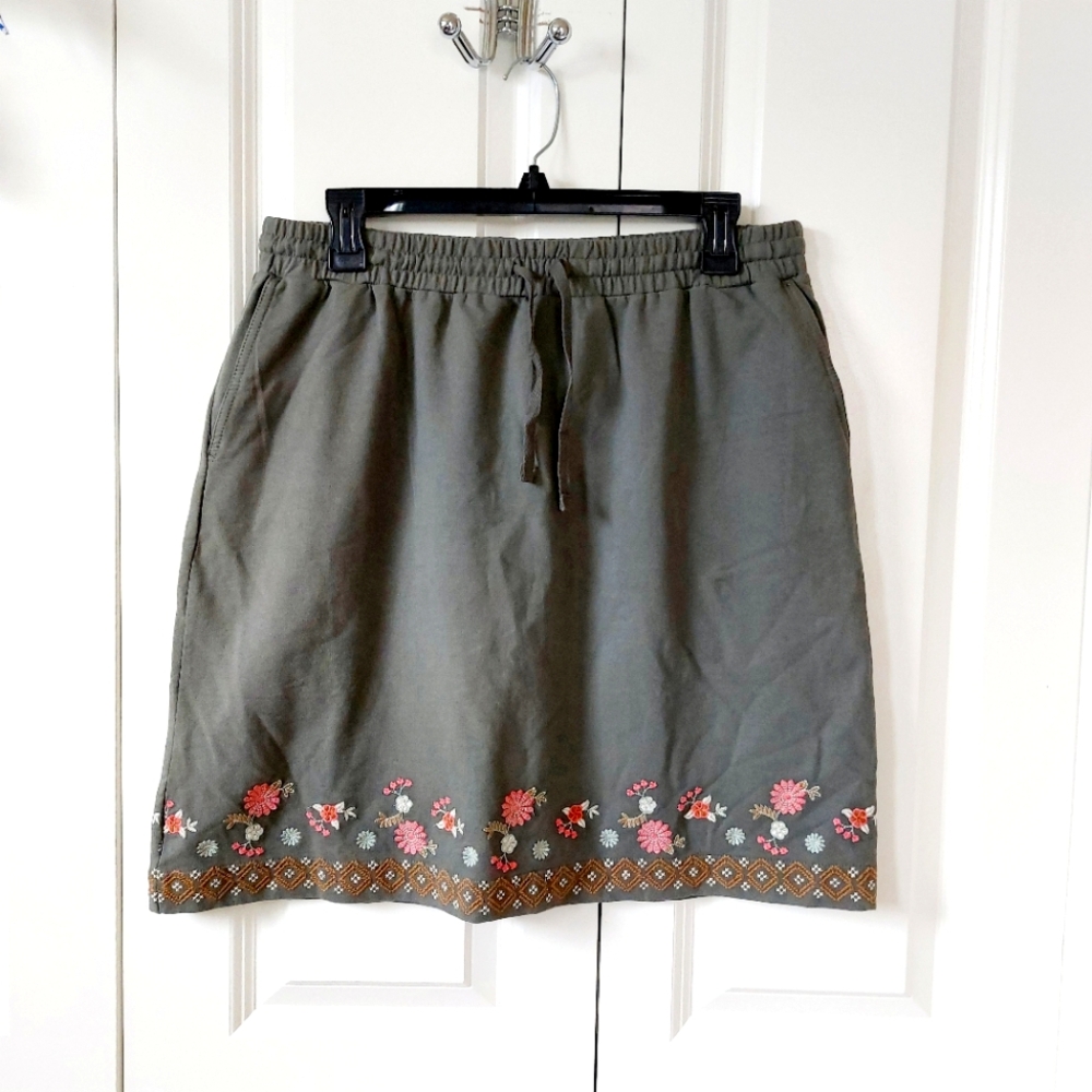 J. Jill Olive Green Embroidered Pencil Skirt with Pink Floral Trim